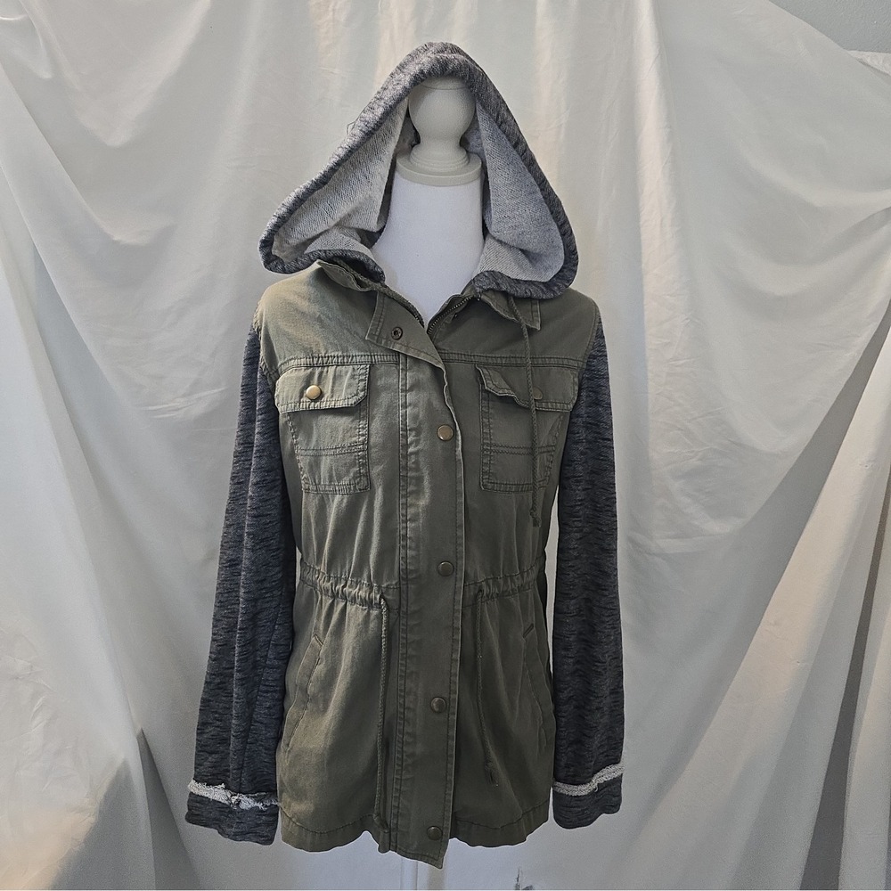 Mudd Mixed Media Cargo Utility Field Jacket W/knit Sleeves Hooded Sz S Green